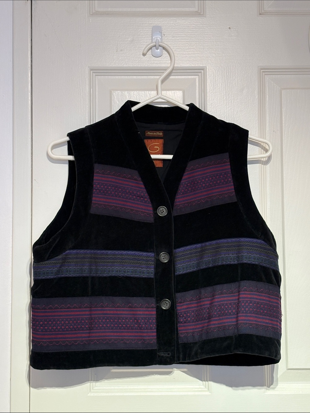 Pre-owned Black Velvet Button-Front Vest with Purple Stripe Accents